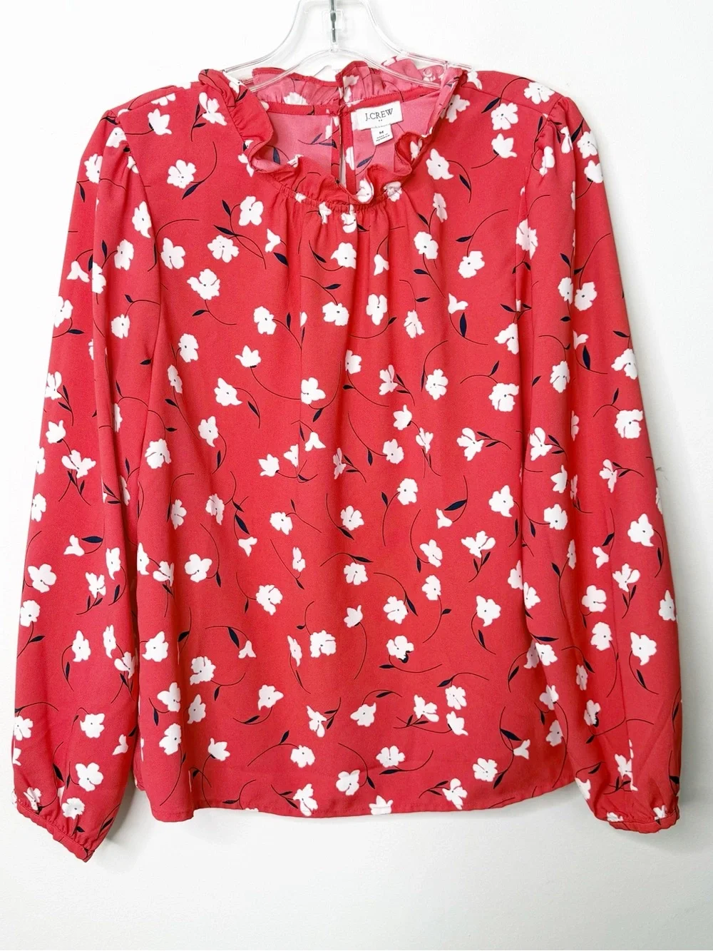 J. CREW | Red and White Floral Print Ruffle Detail Blouse Top Sz. Medium Preppy